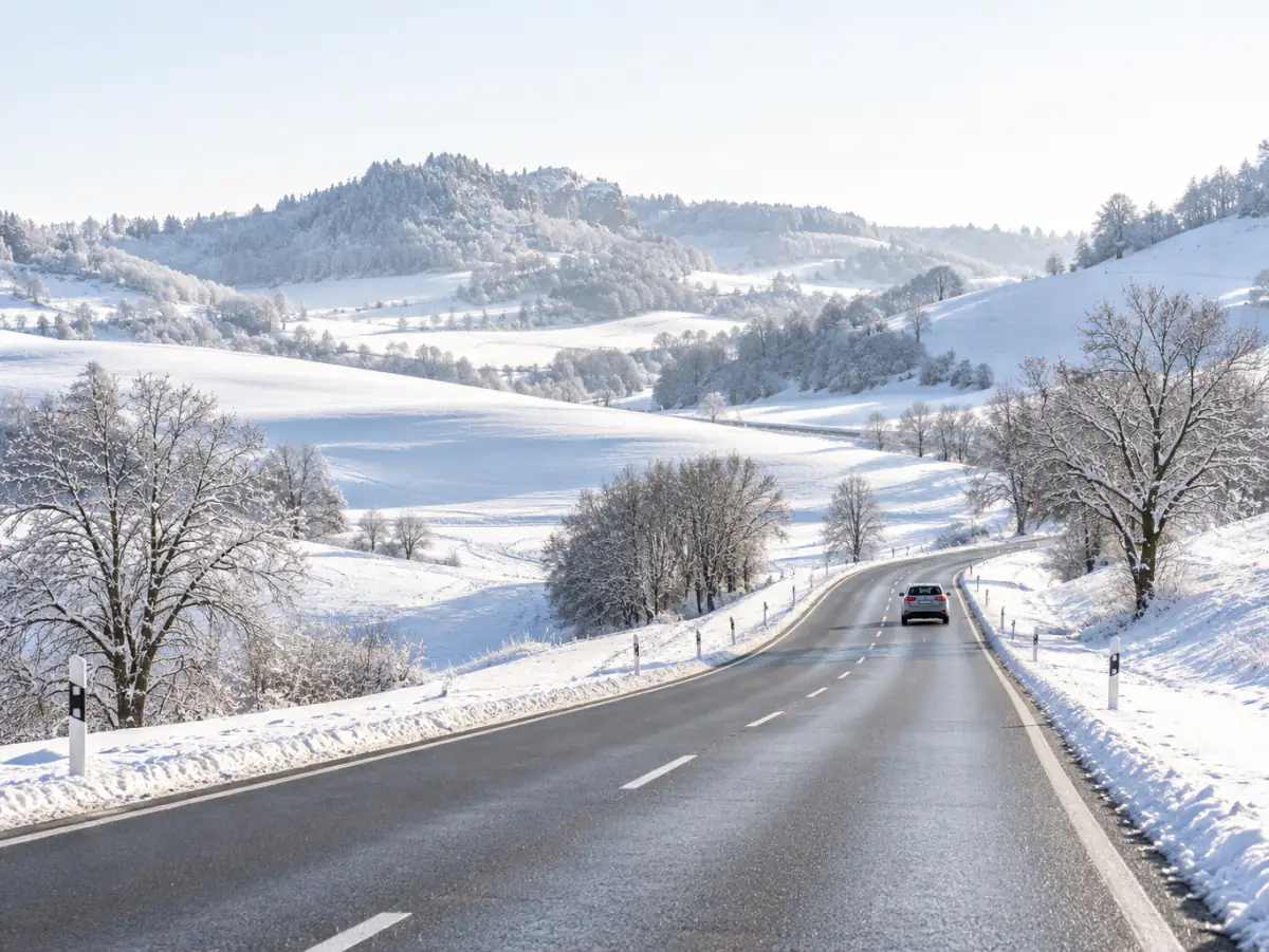 Schneebedeckte Landstraße im Schwarzwald mit einem Pkw auf Winterreifen