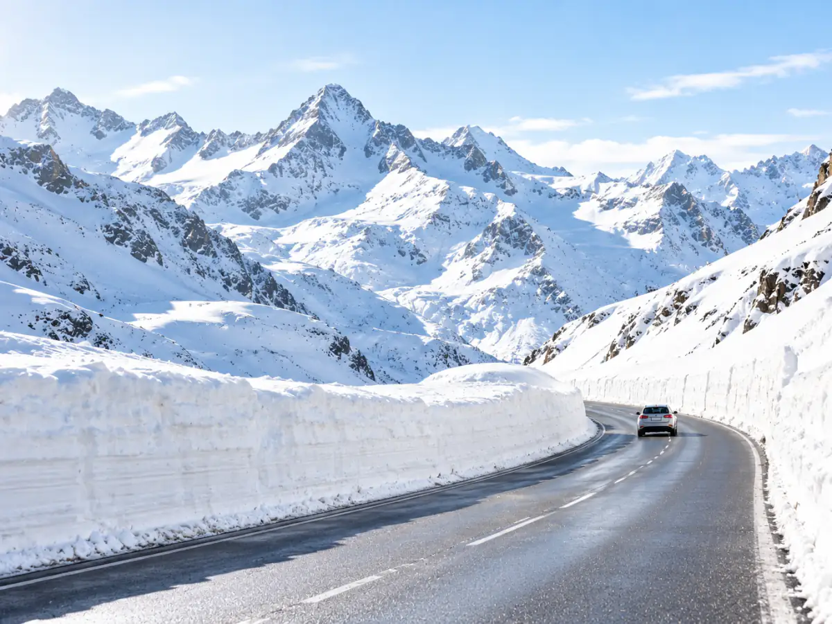 Gotthardstraße im Winter mit Schneeresten am Rand und einem Pkw auf winterlicher Fahrbahn