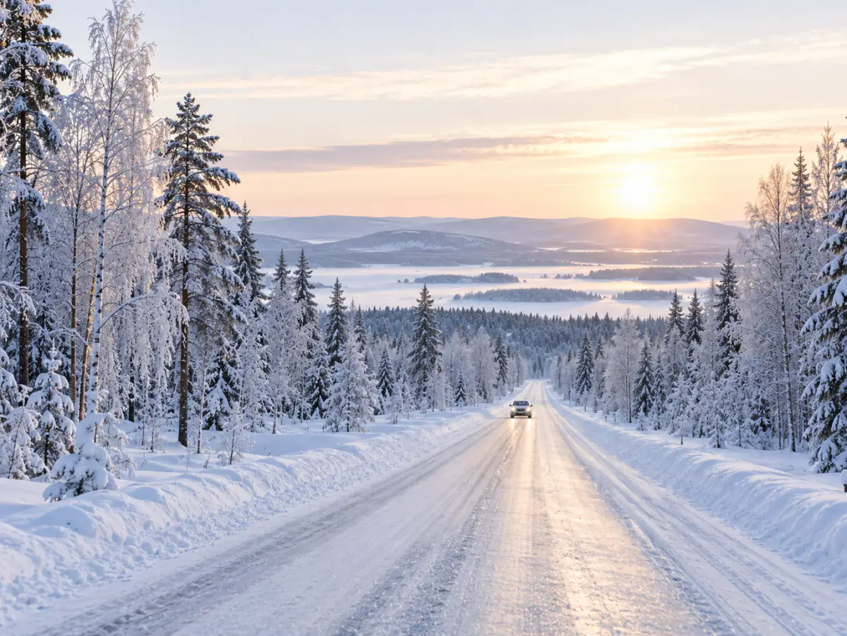 Verschneite Küstenstraße in Nordnorwegen mit einem Pkw unter tiefstehender Wintersonne