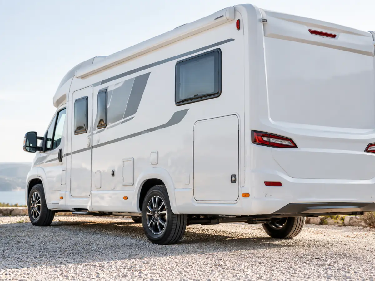 Hinterachse eines Reisemobils mit Reifen 225/75 R16 auf der Achslastwaage