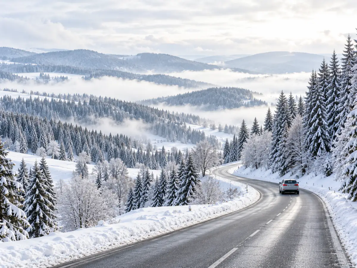 Verschneite Landstraße im Böhmerwald mit Nadelwald und tiefstehender Wintersonne