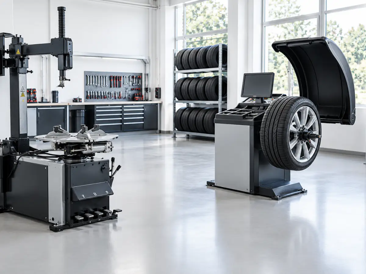 Helle Reifenwerkstatt mit Montiermaschine und Auswuchtmaschine